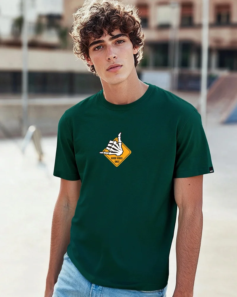 بيواكوف Men's Aventurine Green Good Vibes Graphic Printed T-shirt